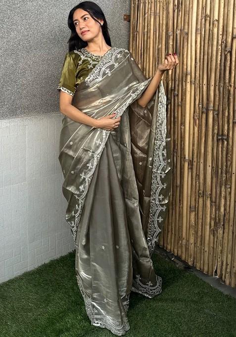 Grey Embellished Blended Saree Set