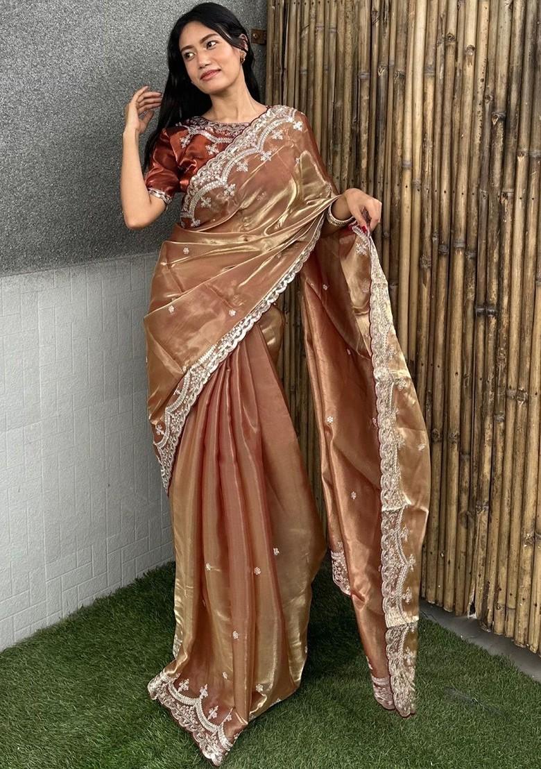 Beige Embellished Blended Saree Set