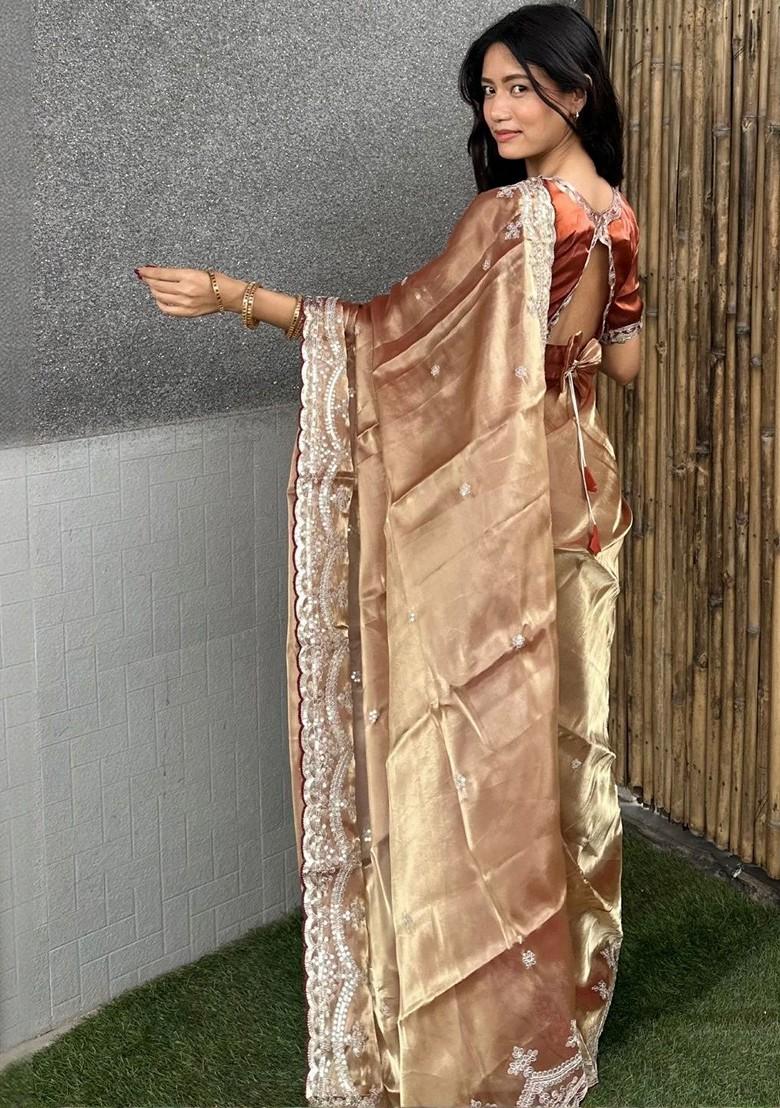 Beige Embellished Blended Saree Set