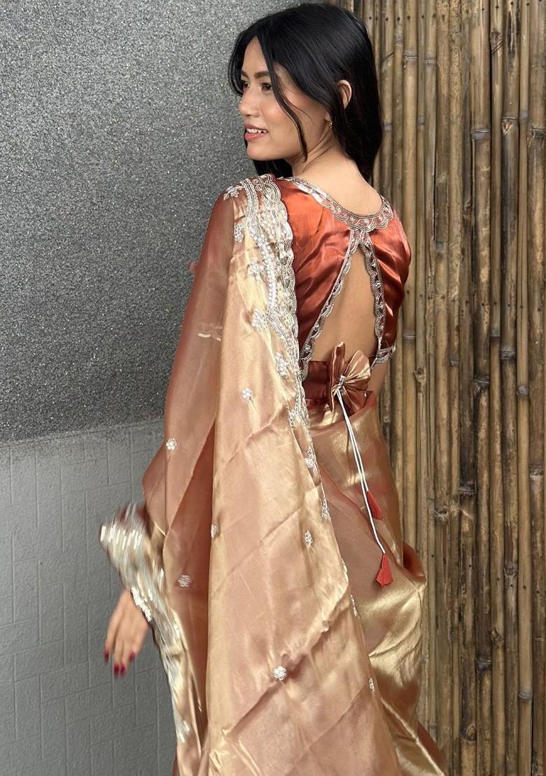 Beige Embellished Blended Saree Set