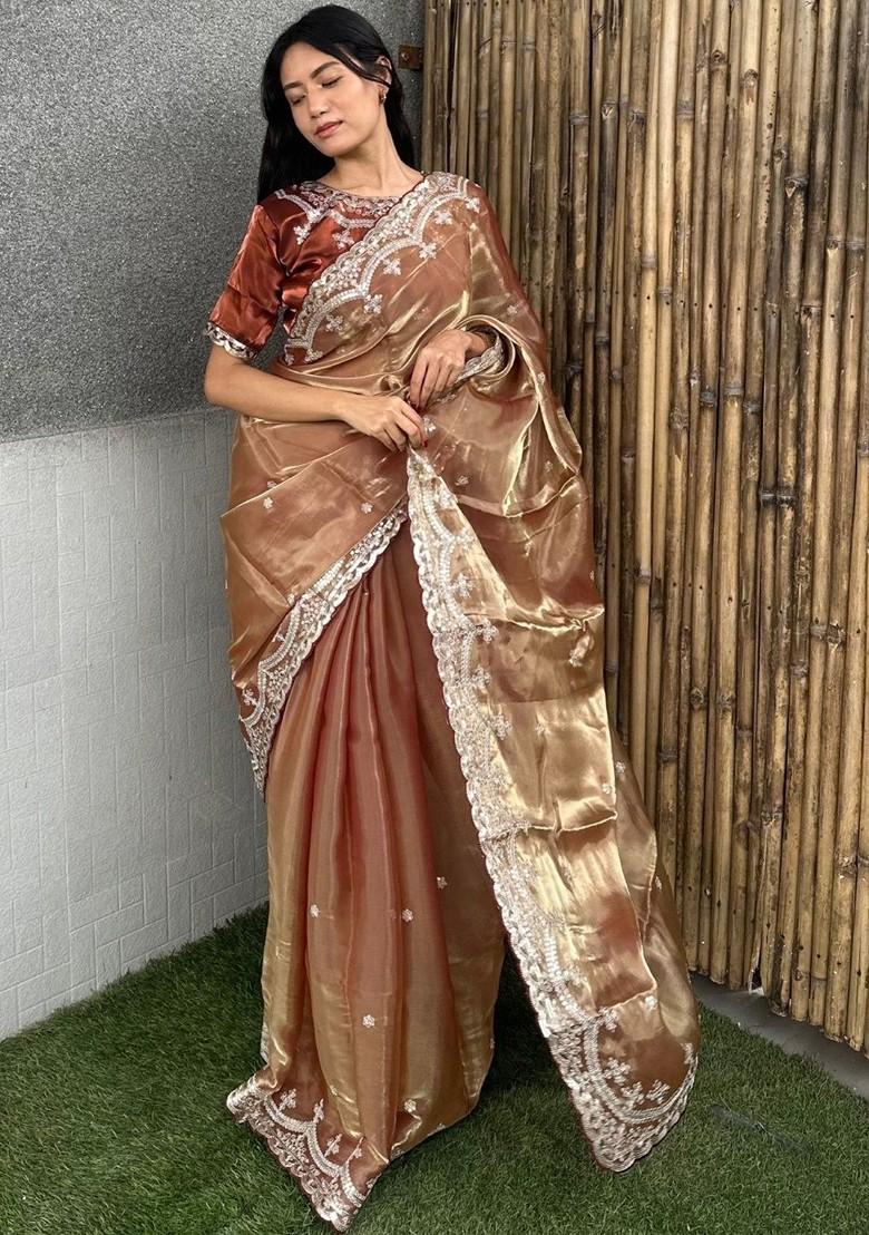 Beige Embellished Blended Saree Set