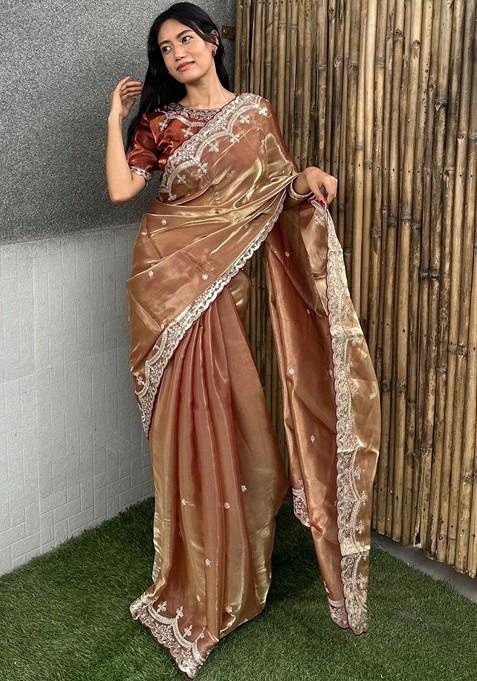 Beige Embellished Blended Saree Set