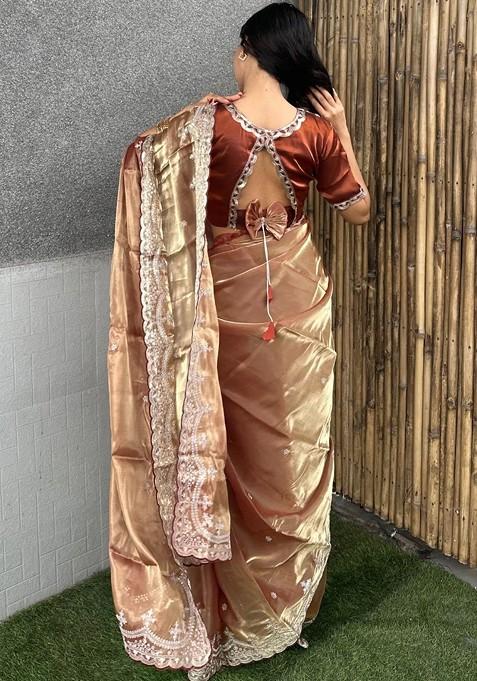 Beige Embellished Blended Saree Set