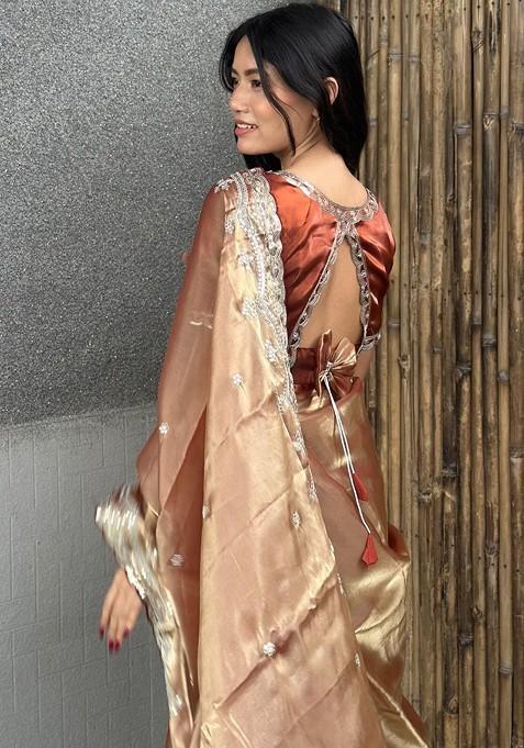 Beige Embellished Blended Saree Set