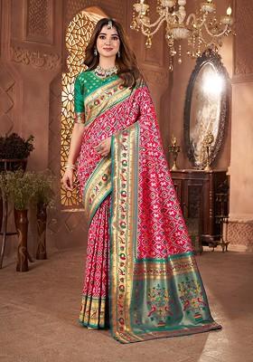 Pink Zari Printed Blended Saree Set