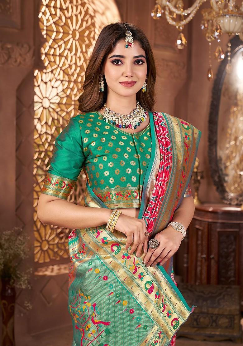 Pink Zari Printed Blended Saree Set - Indya