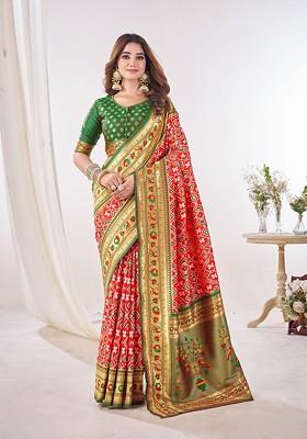 Red Zari Printed Blended Saree Set