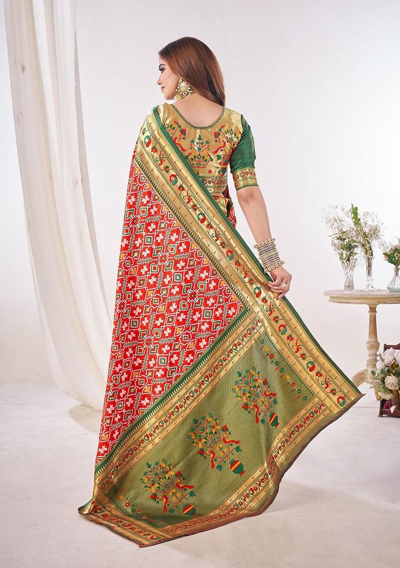 Red Zari Printed Blended Saree Set - Indya