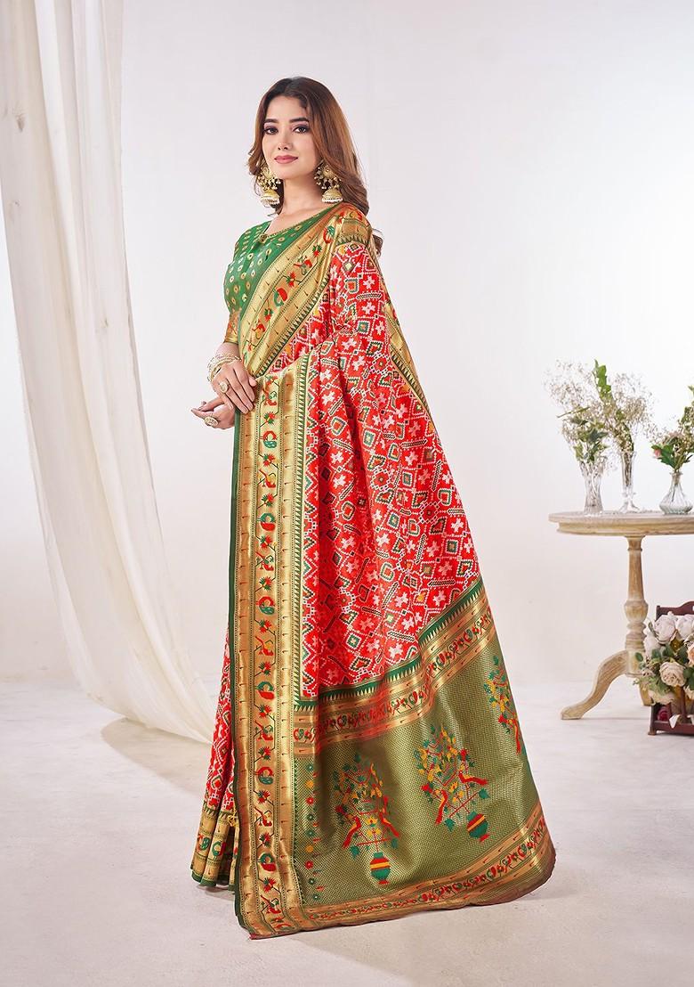 Red Zari Printed Blended Saree Set - Indya