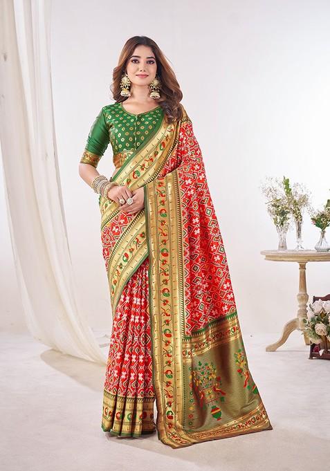 Red Zari Printed Blended Saree Set