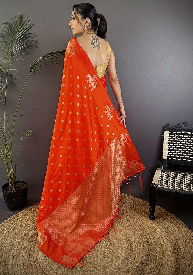 Orange Zari Printed Blended Saree Set for Diwali and Festive Wear - Indya