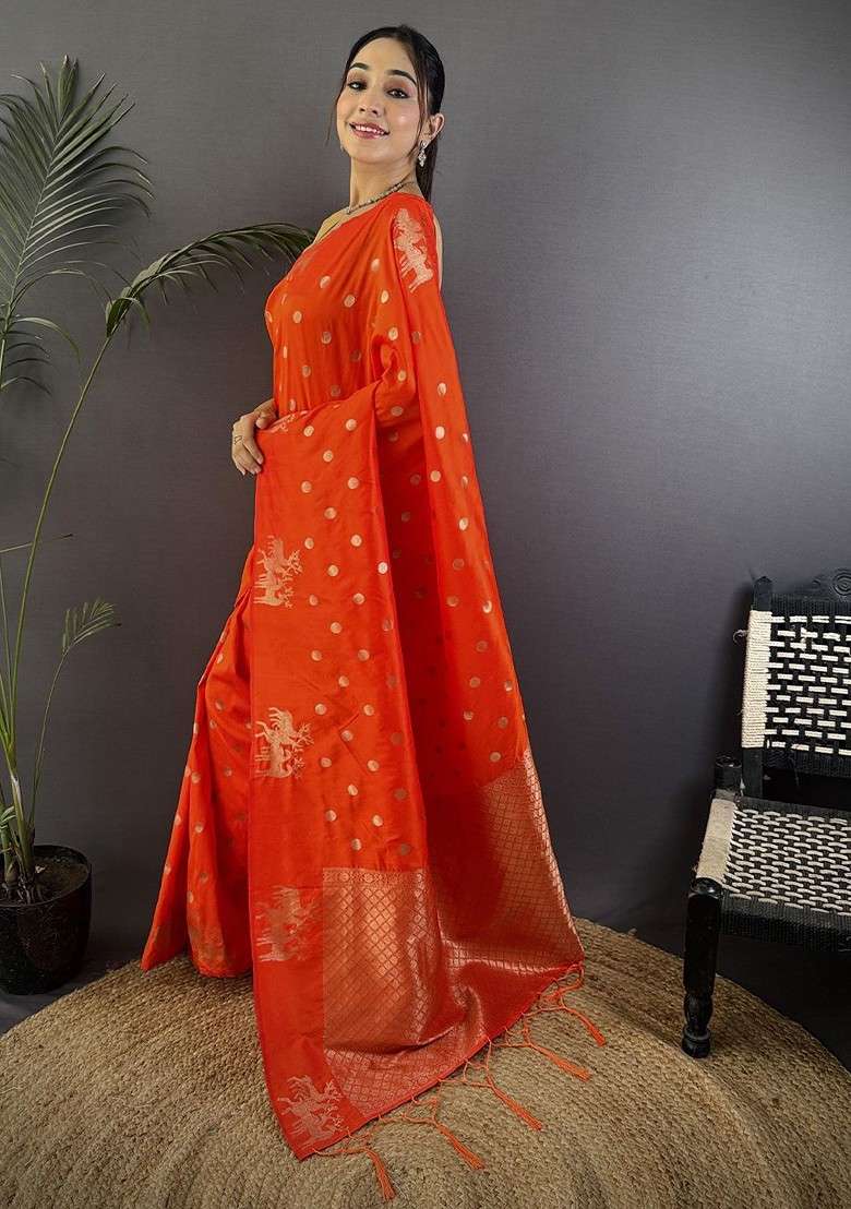 Orange Zari Printed Blended Saree Set for Diwali and Festive Wear - Indya