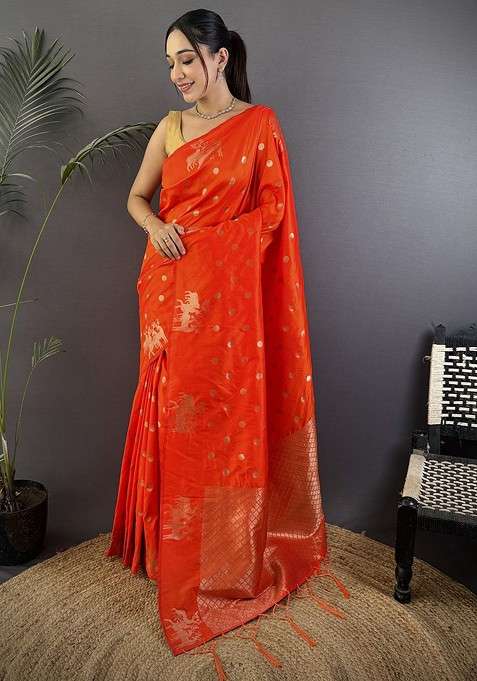 Orange Zari Printed Blended Saree Set for Diwali and Festive Wear