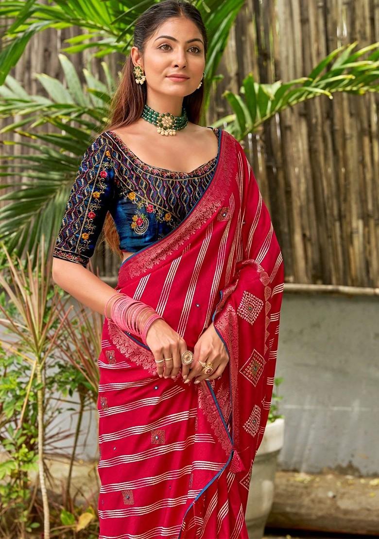 Magenta Zari Printed Blended Saree Set - Indya