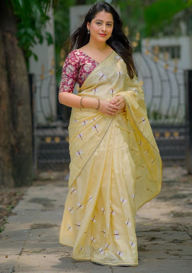 Yellow Embroidered Blended Saree Set - Indya