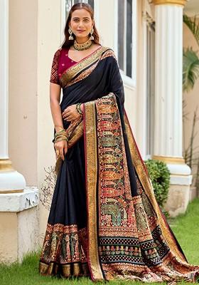 Blue Zari Printed Blended Saree Set
