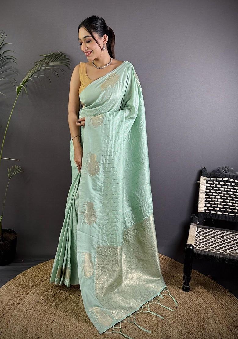 Green Zari Printed Blended Saree Set