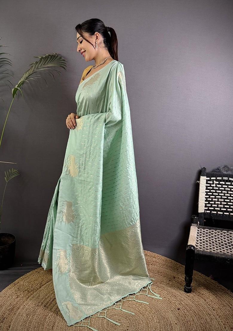 Green Zari Printed Blended Saree Set