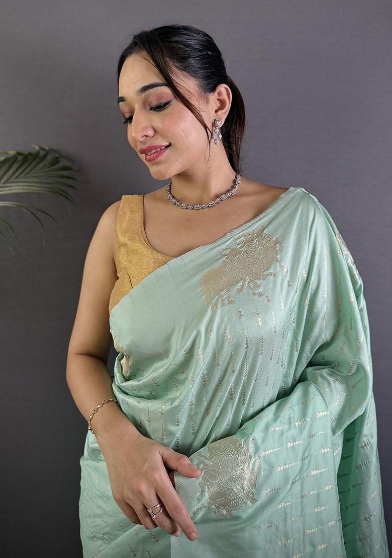 Green Zari Printed Blended Saree Set