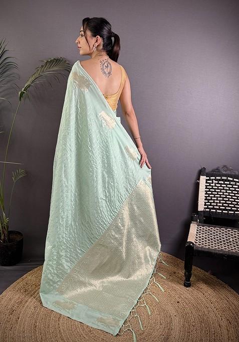 Green Zari Printed Blended Saree Set