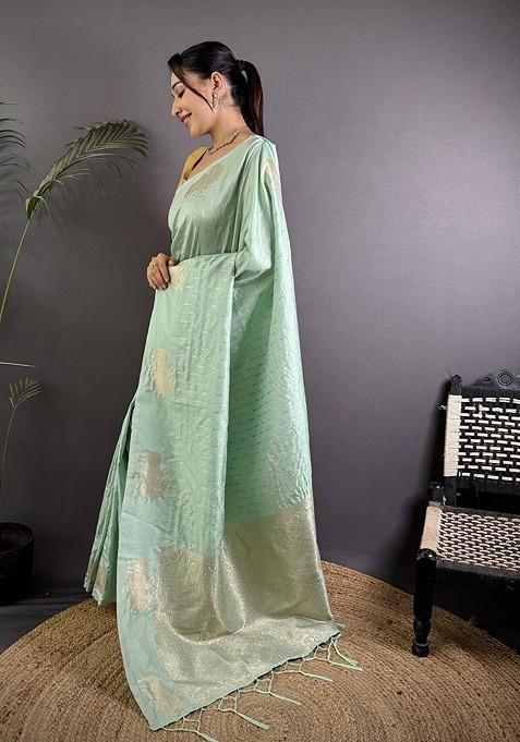 Green Zari Printed Blended Saree Set