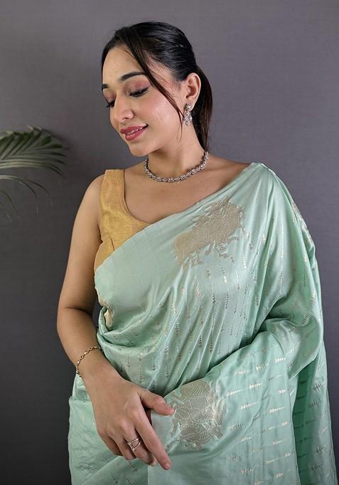 Green Zari Printed Blended Saree Set