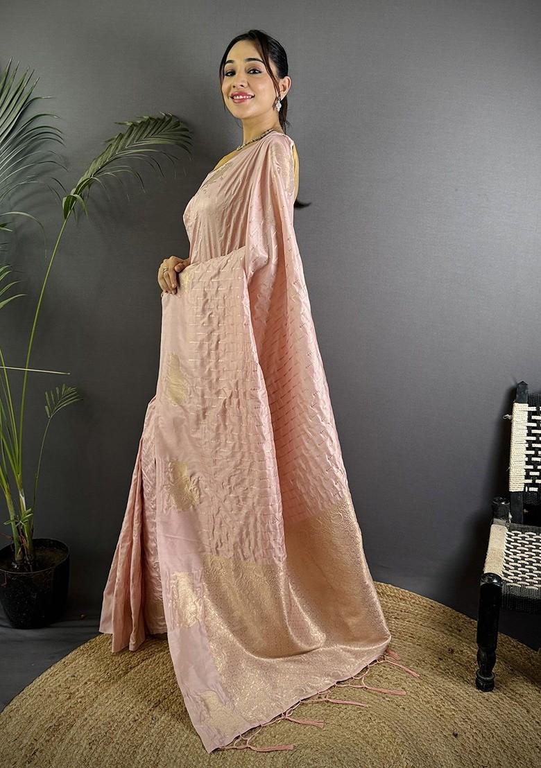 Pink Zari Printed Blended Saree Set