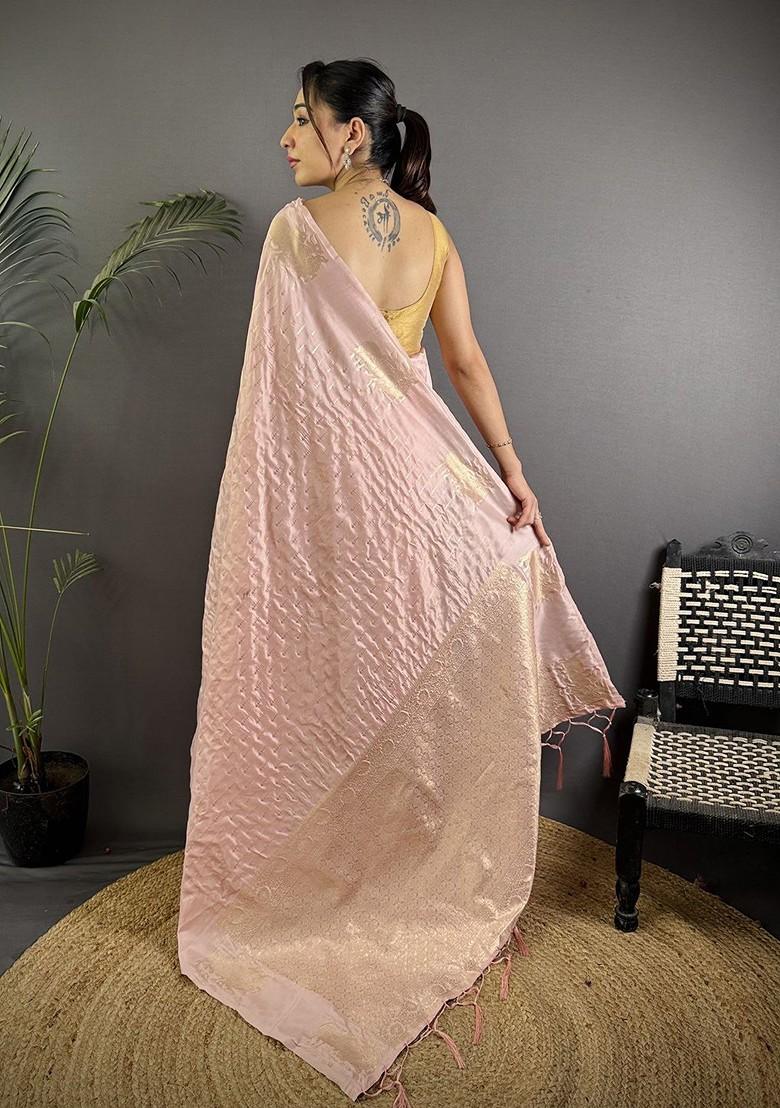 Pink Zari Printed Blended Saree Set
