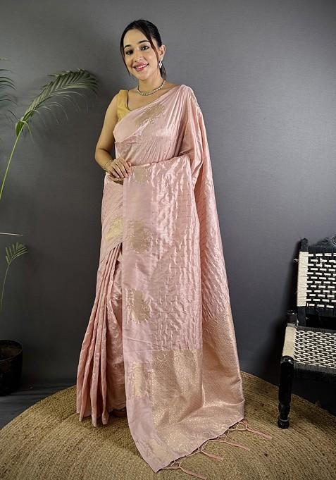 Pink Zari Printed Blended Saree Set
