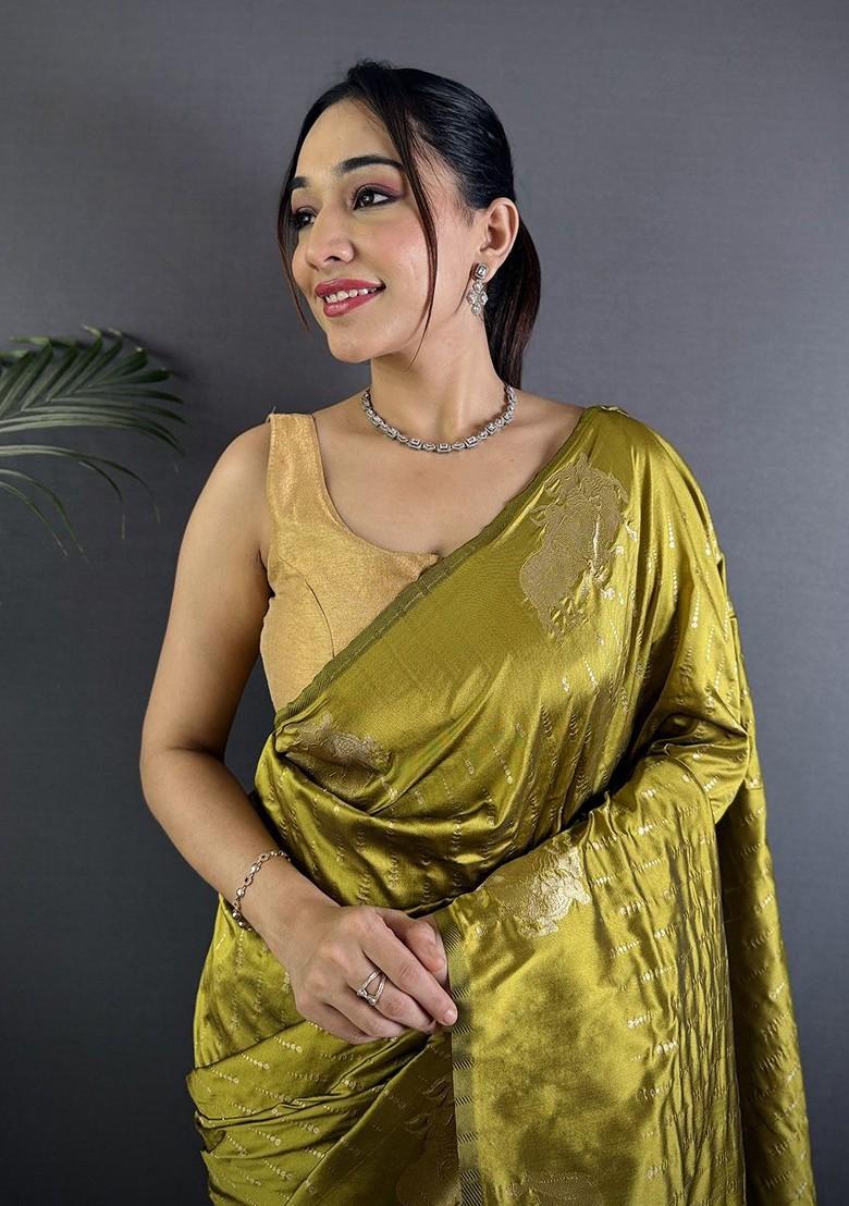Olive Zari Printed Blended Saree Set