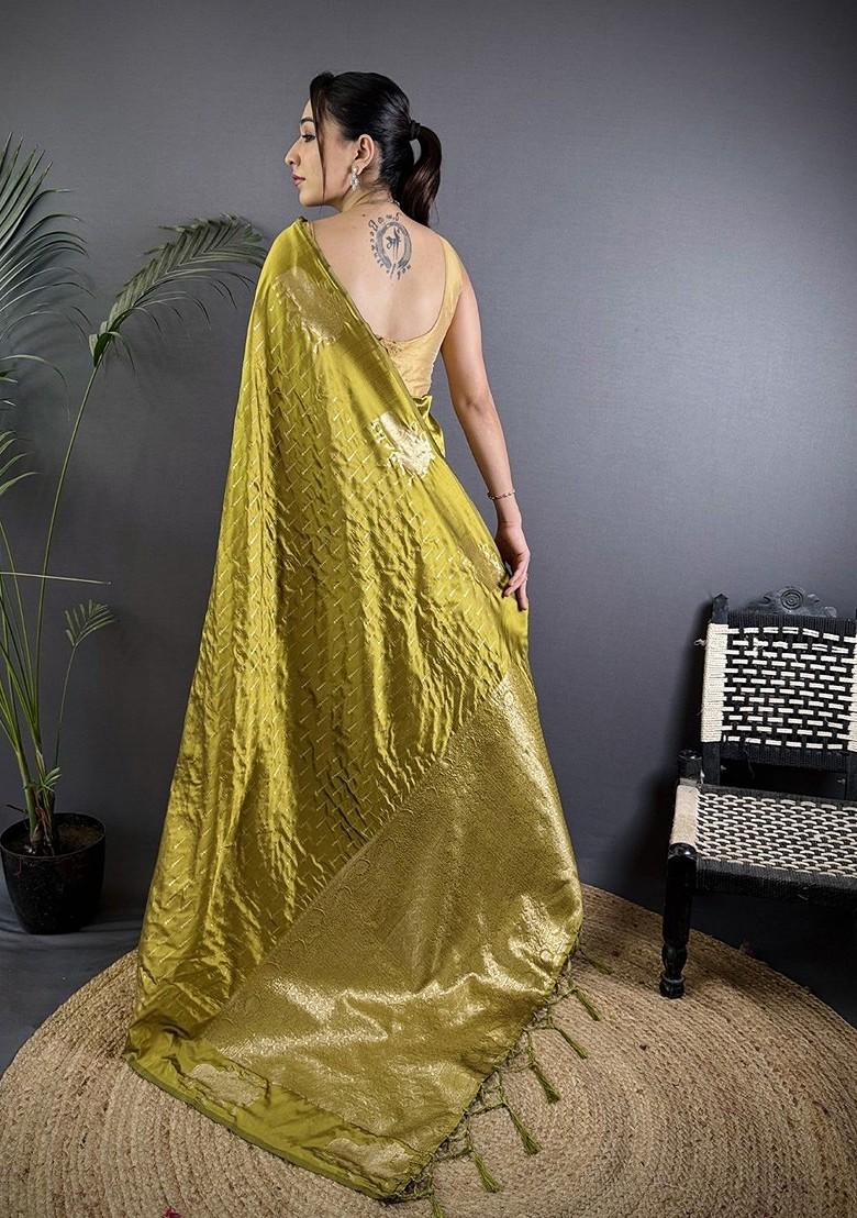 Olive Zari Printed Blended Saree Set
