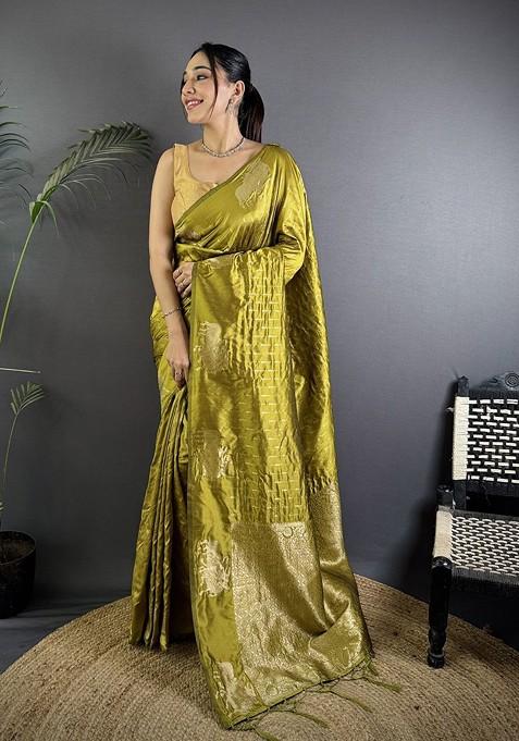 Olive Zari Printed Blended Saree Set