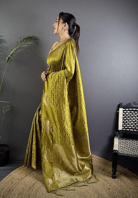 Olive Zari Printed Blended Saree Set