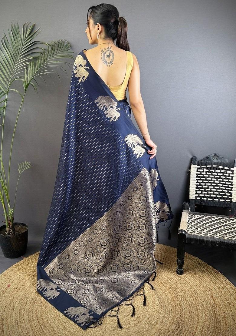 Blue Zari Printed Blended Saree Set
