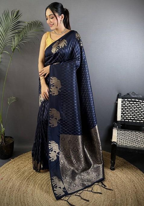 Blue Zari Printed Blended Saree Set