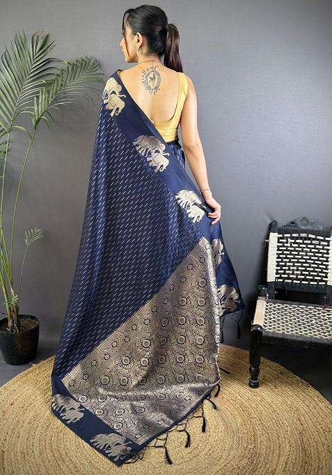 Blue Zari Printed Blended Saree Set