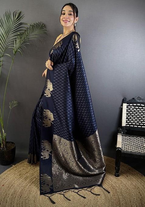 Blue Zari Printed Blended Saree Set