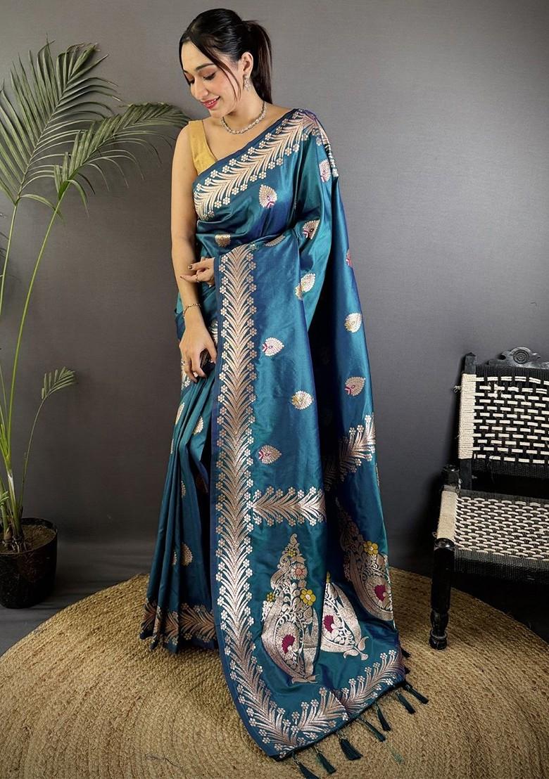 Blue Zari Printed Blended Saree Set