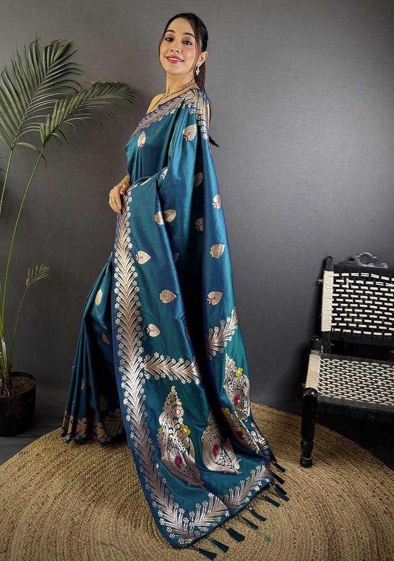 Blue Zari Printed Blended Saree Set