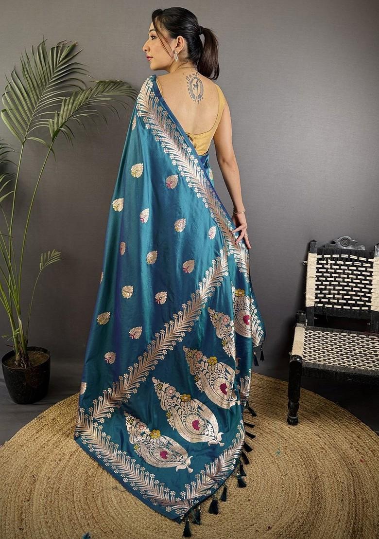 Blue Zari Printed Blended Saree Set