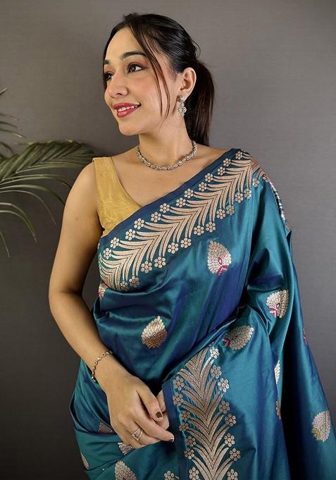 Blue Zari Printed Blended Saree Set