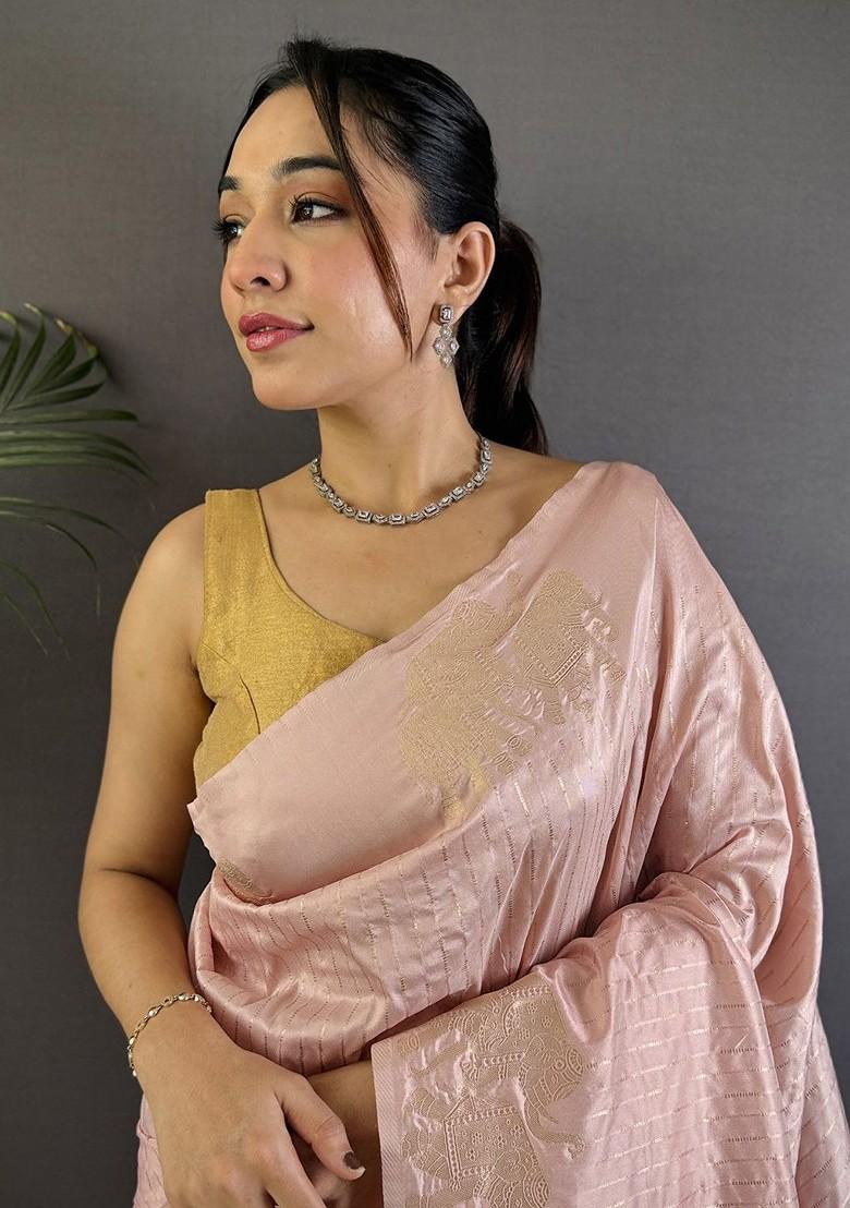 Peach Zari Printed Blended Saree Set