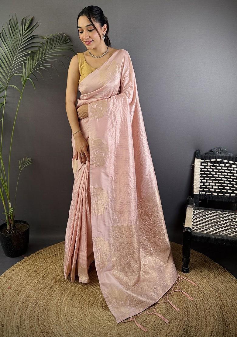 Peach Zari Printed Blended Saree Set