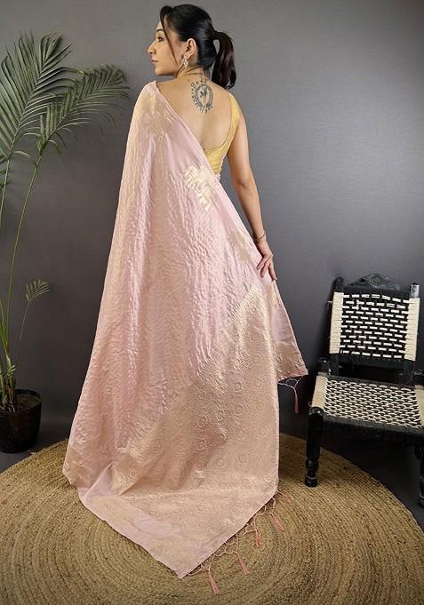 Peach Zari Printed Blended Saree Set