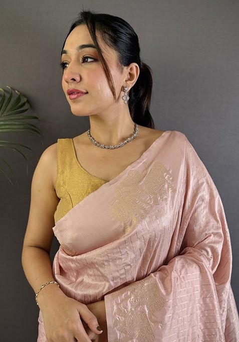 Peach Zari Printed Blended Saree Set