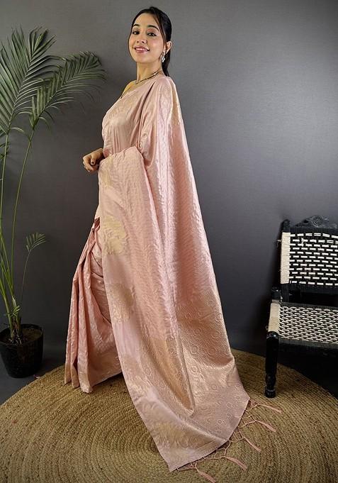 Peach Zari Printed Blended Saree Set