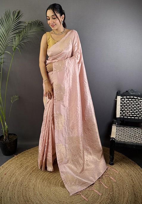 Peach Zari Printed Blended Saree Set