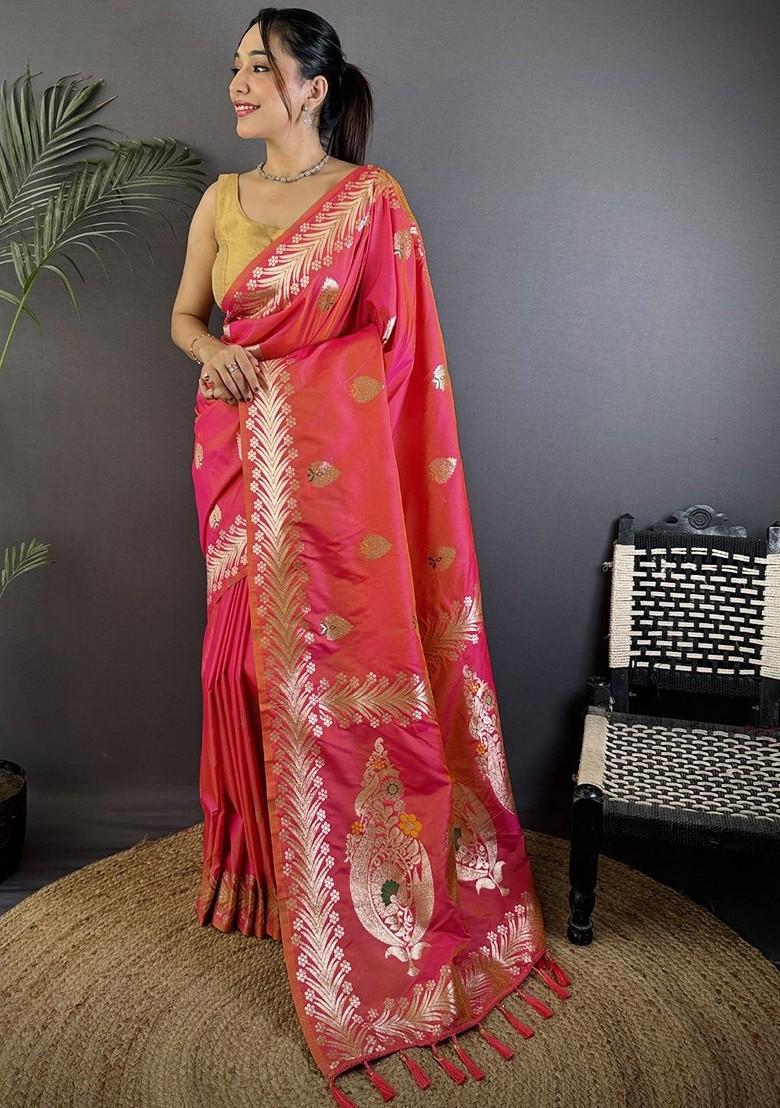 Peach Zari Printed Blended Saree Set