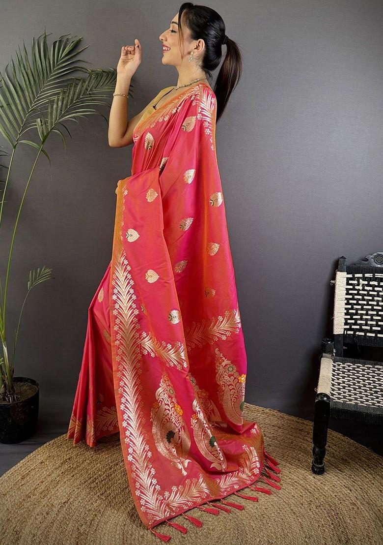 Peach Zari Printed Blended Saree Set