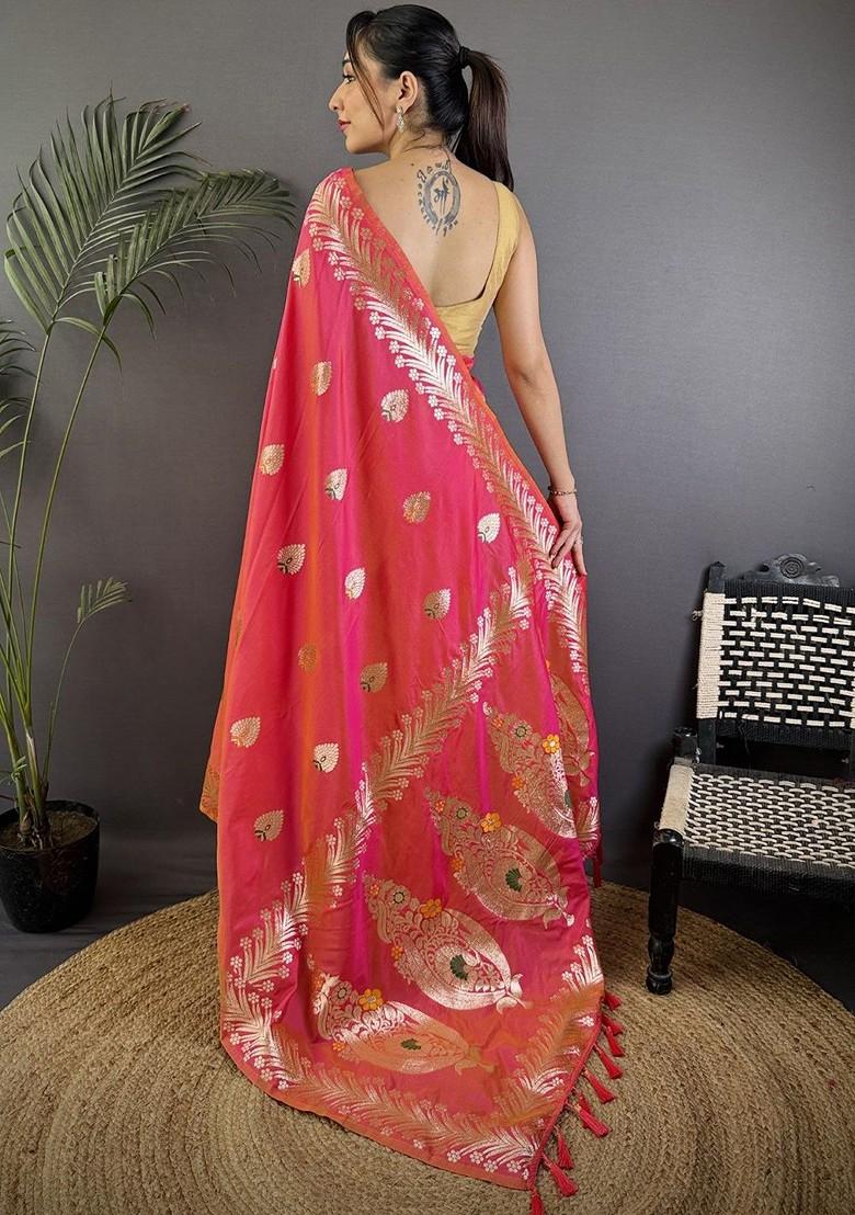 Peach Zari Printed Blended Saree Set